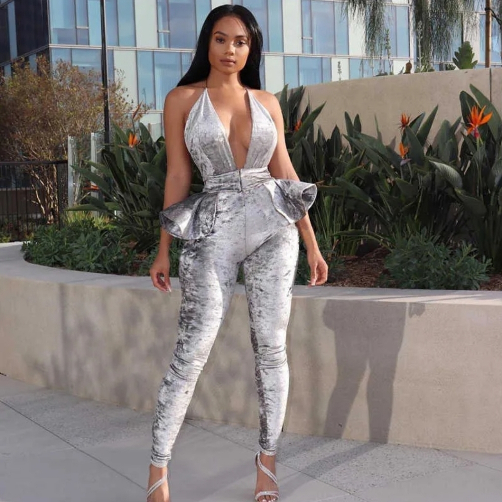 Elegant Silver Gray Velvet Jumpsuit with Halter Neckline
